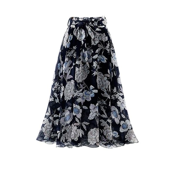 

skirts summer women's floral chiffon skirt soft stretch horn big swing fashion print midi faldas para mujer yl5 e99s#, Black