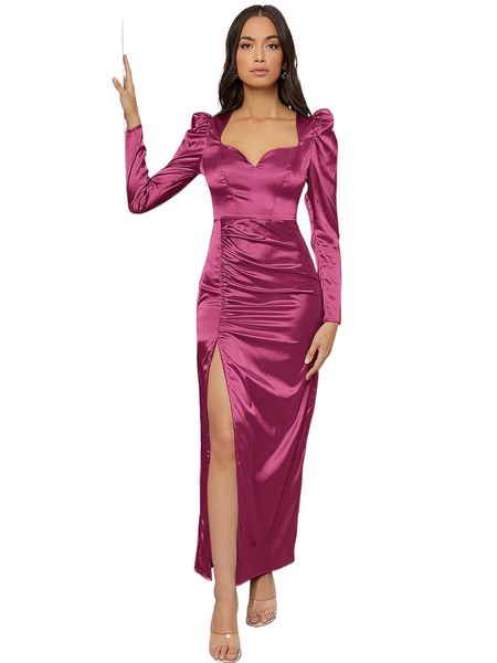 

gigot sleeve ruched split thigh satin dress y67u#, Black;gray