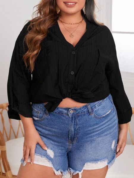 

plus button front roll tab sleeve blouse n0ff#, Black