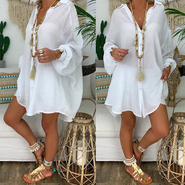 

women's blouses & shirts long sleeve cotton linen button solid loose female tunic casual v neck plus size autumn cardigan, White