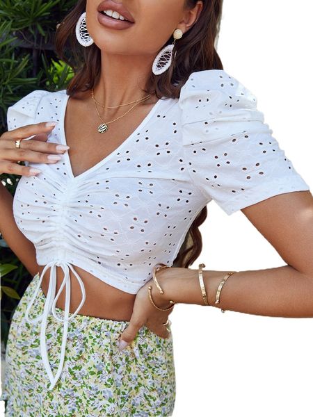 

eyelet embroidery puff sleeve drawstring crop tee k9qh#, White