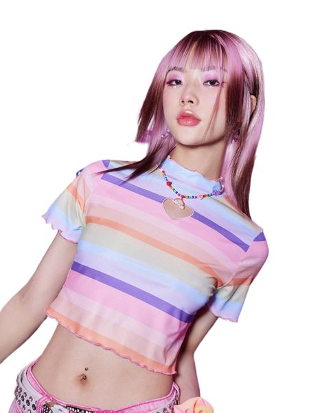 

romwe anime striped heart cut out ribbed tee q0bu#, White