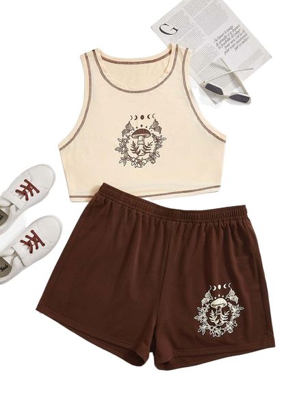 

plus mushroom & floral print stitching tank & shorts k8ju#, Black