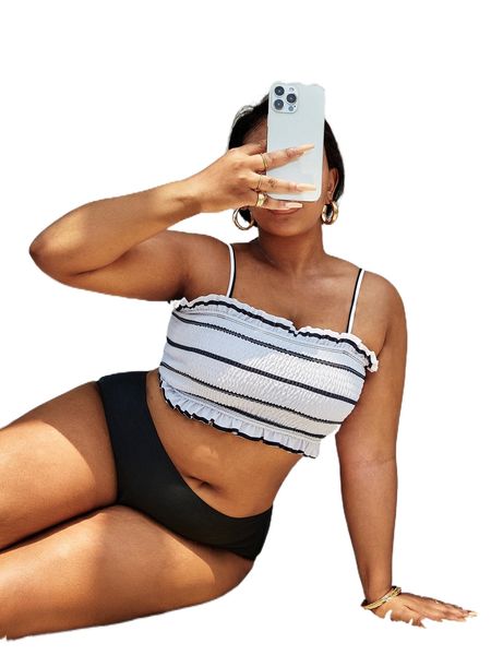 

plus striped smocked frill trim high waist bikini swimsuit u88g#, White;black