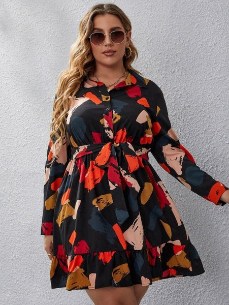 

plus graphic ruffle hem belted shirt dress z8cb#, Black