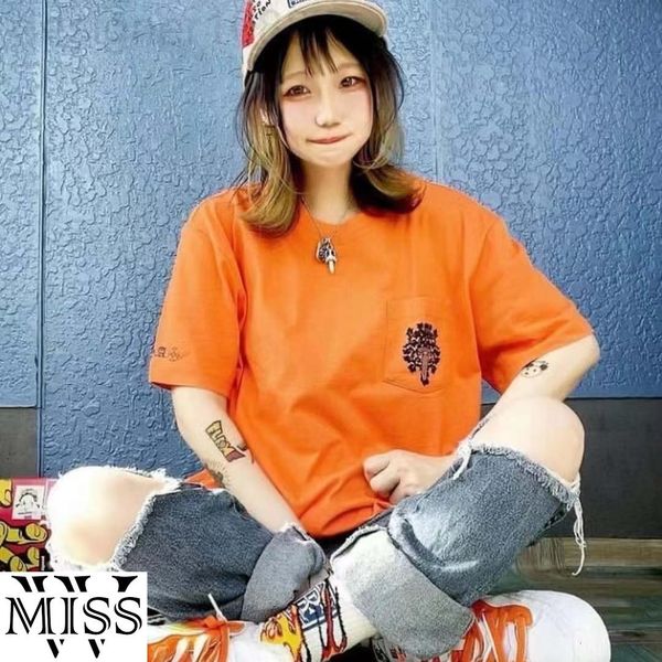 

women's t-shirt designer spring and summer ch cross orange graffiti design sense printing men's women's loose cotton short sl, White