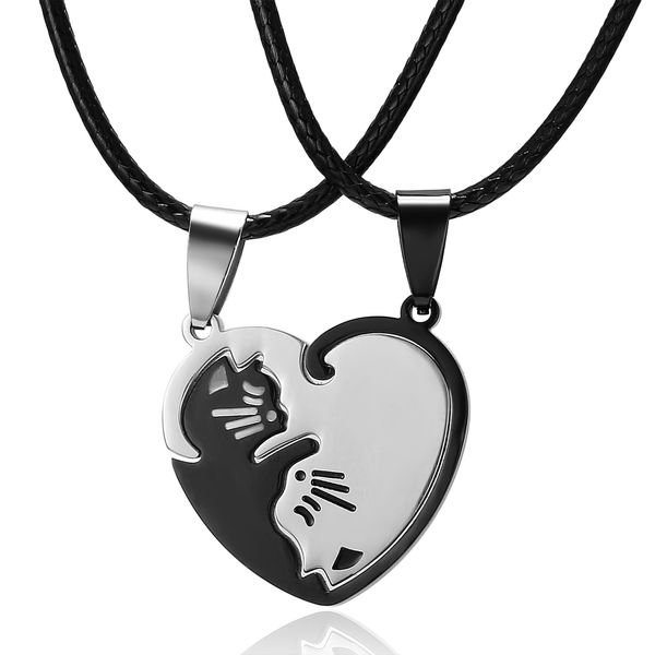 

cute cat couple pendant necklace for lovers stainless steel good luck heart animal jewelry simple friendship gifts, Silver