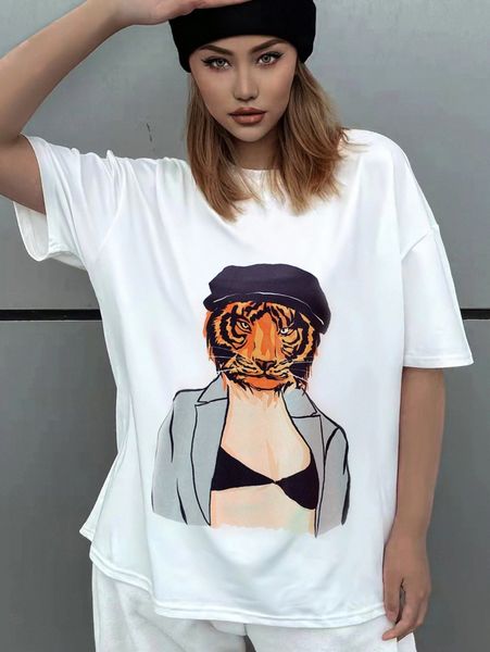 

tiger and figure graphic drop shoulder tee s3p4#, White