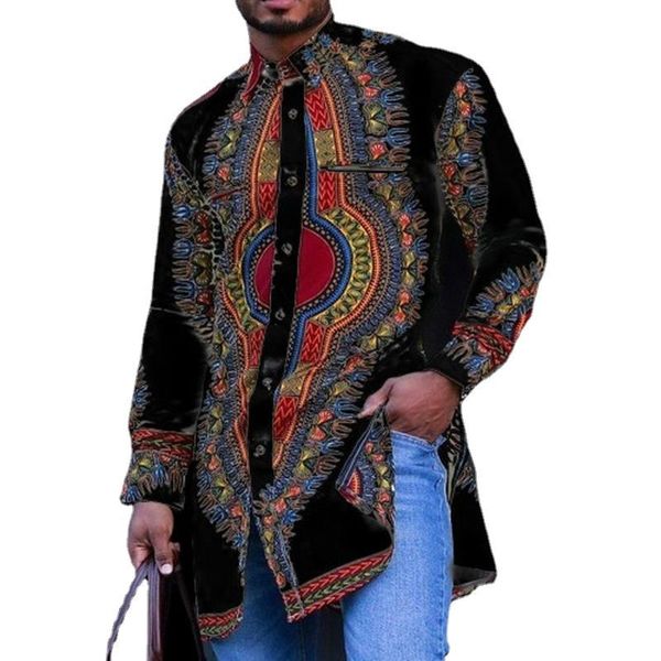 Männer T-Shirts Schwarz African Dashiki Drucken Hemd Männer 2022 Mode Hip Hop Streetwear Afrikanische Kleidung Slim Fit Langarm Männlich
