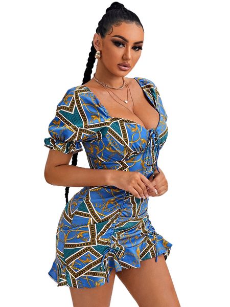 

sxy chain print sweetheart neck tie front ruched ruffle hem dress w8rg#, Black;gray