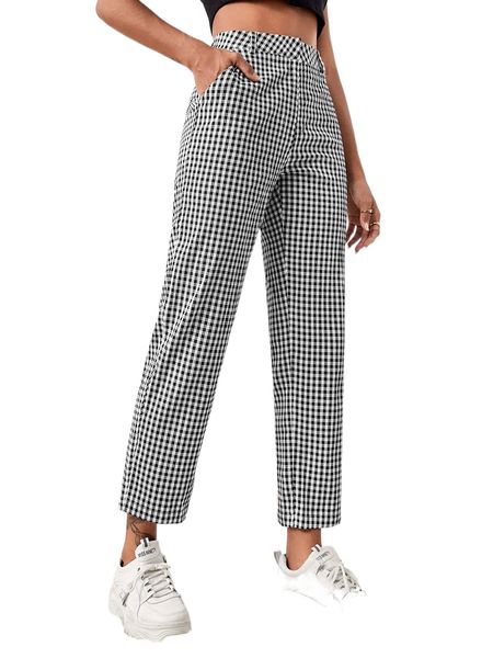 

gingham print slant pocket straight leg pants i2jp#, Black;white