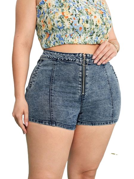 

plus zip fly pocket detail denim shorts d2tm#, White;black