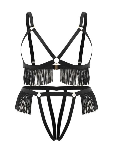 

plus o-ring detail fringe hem harness lingerie set m8bk#, Black;white