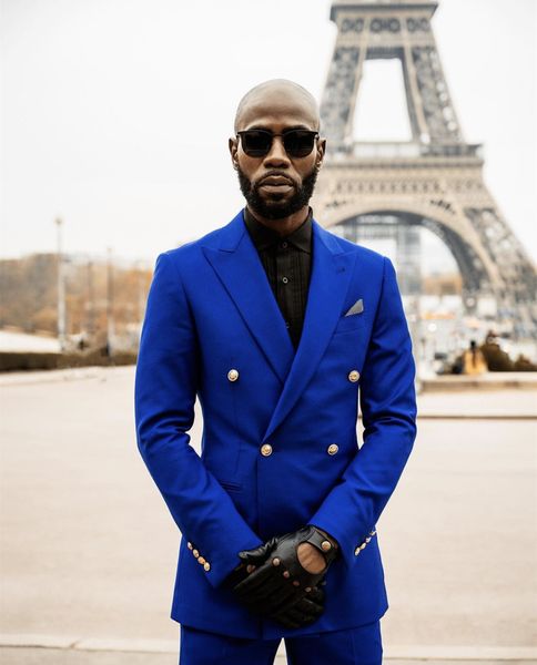 

2022 royal blue fashion men suits double breasted 2 pieces jacket pants peaked collar slim fit suits for wedding party tuxedos, Black;gray