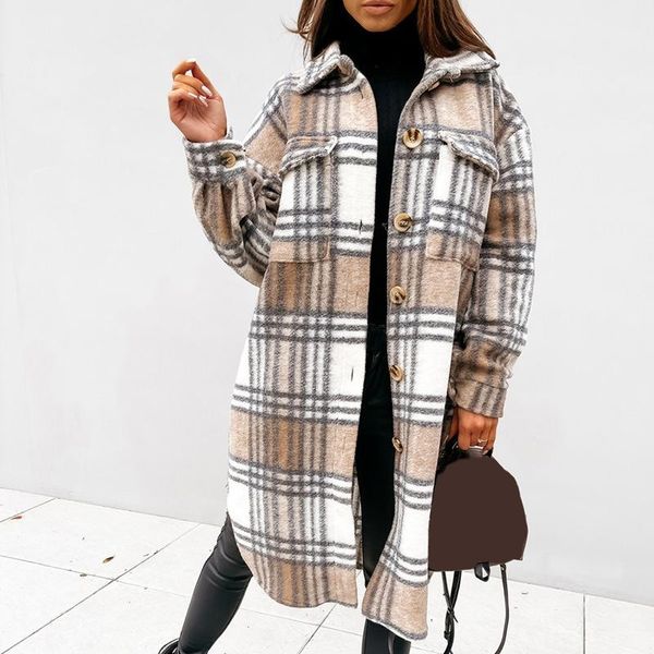 

designer womens wool jackets plaid midi long coat fashion autumn winter sleeve loose pocket ladies casual elegant outwear, Black