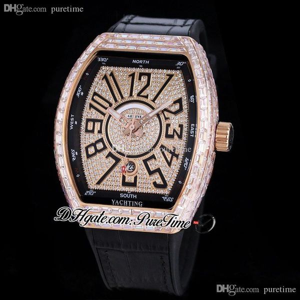 

vanguard watch v45 miyota 8215 automatic mens watch rose gold baguette diamonds bezel black inner paved diamond dial gummy strap iced out wa, Slivery;golden