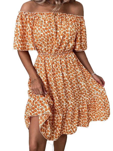 

allover f.loral print o.ff s.houlder r.uffle h.em d.ress 27sj#, Black;gray