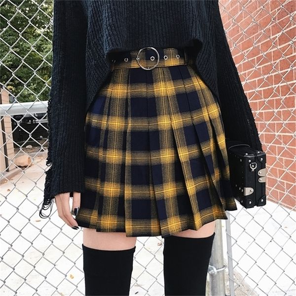 Primavera verão mulher saias escolar garota fofa harajuku treliça plissada de saia punk high skirt saia curta T200324