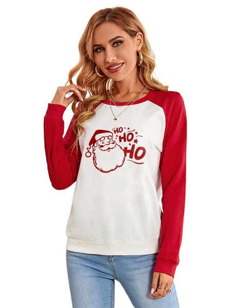 

christmas santa claus print colorblock raglan sleeve pullover a4os#, Black