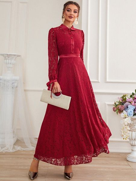 

puff sleeve knot cuff lace dress p7aj#, Black;gray