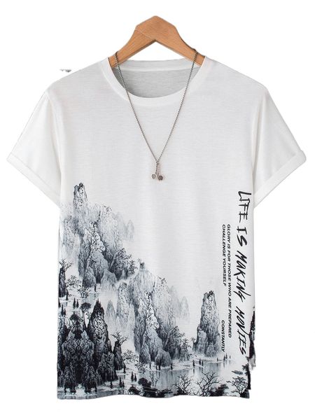 

men random mountain & slogan graphic tee d54i#, White;black