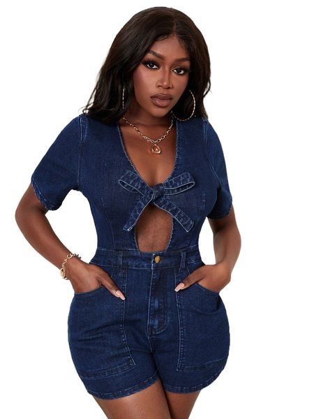 

sxy bow front cut out denim romper i1io#, Black;white