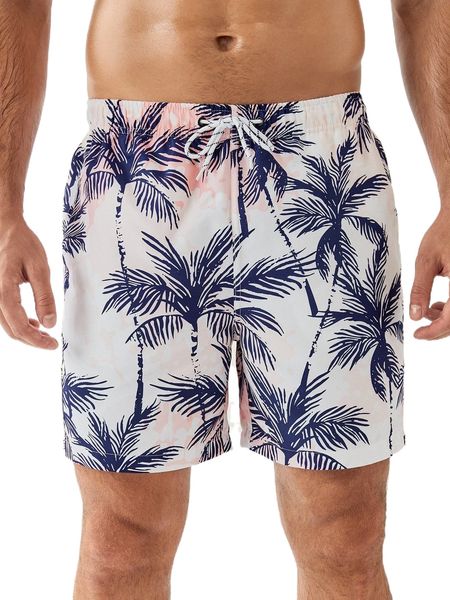 

men palm tree print drawstring waist swim trunks j7en#, White;black