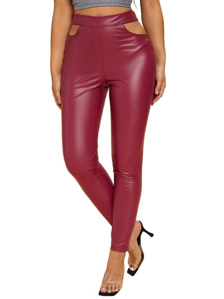 

sxy cut out waist pu leather skinny pants 94on#, Black;white