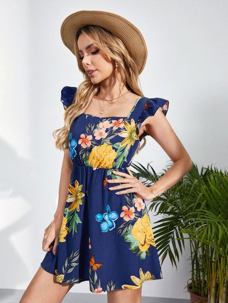 

butterfly & floral print ruffle sleeve dress h4al#, Black;gray