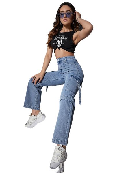 

high waisted pocket patched jeans 89au#, Blue