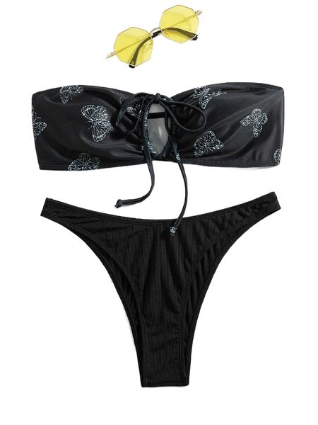 

butterfly print drawstring bandeau bikini swimsuit 03la#, White;black