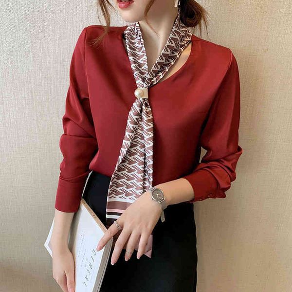 Корейская версия элегантная модная блузка шелковый шарф галстук бантики шифоновые рубашки весна осень женская одежда темперамент леди