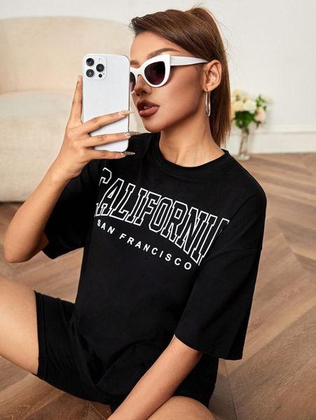 

petite letter graphic drop shoulder tee & biker shorts set m8ok#, White