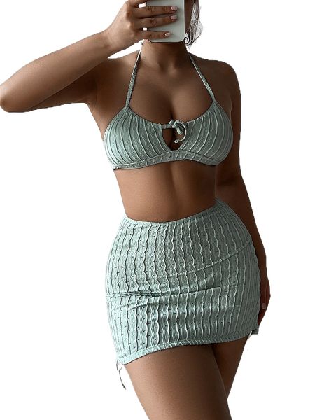 

3pack schiffy tie front bikini swimsuit & beach skirt u9gg#, White;black