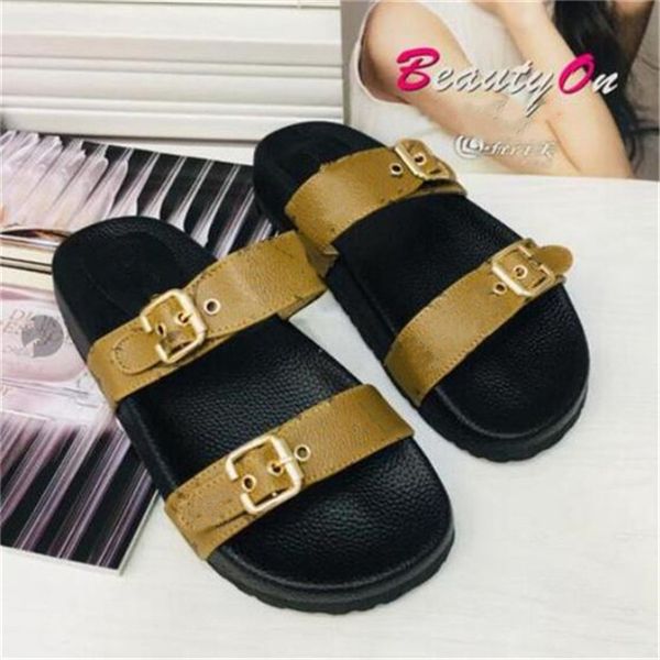 

women sandals classic flat slippers designer fashion belt buckle beach slides leather summer womens casual shoes size 35-41, Black