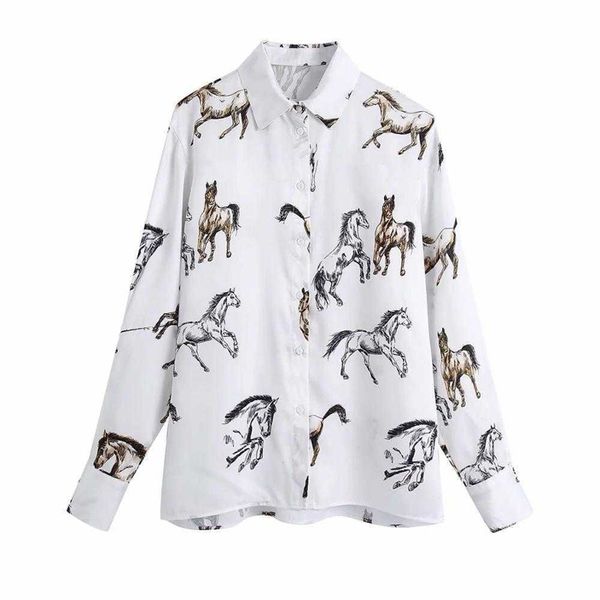 

women button up shirt horse printed long sleeves lapel collar elegant loose women blouses 210709, White
