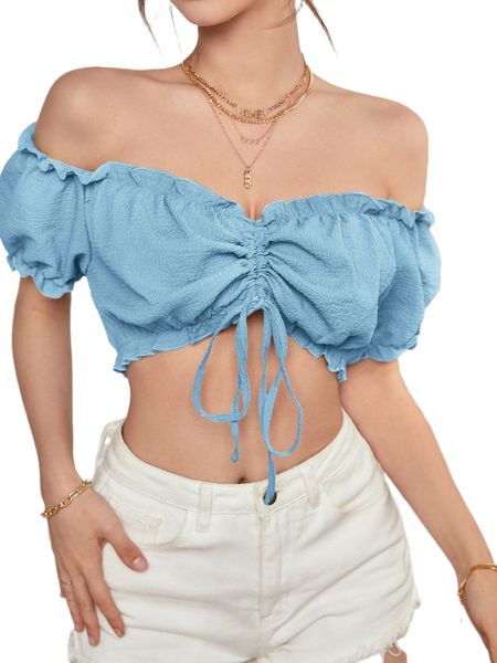 

off shoulder frill trim drawstring ruched crop s6ru#, White