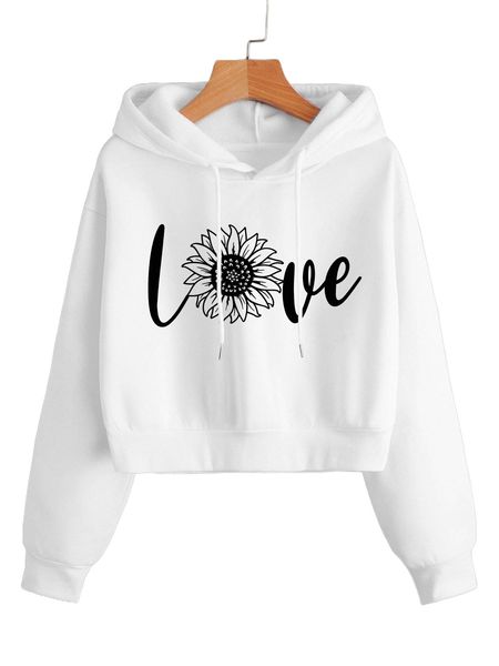 

floral & letter graphic crop drawstring hoodie n8zt#, Black