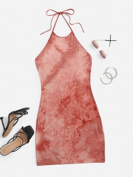 

low back tie dye halter dress a1k0#, Black;gray