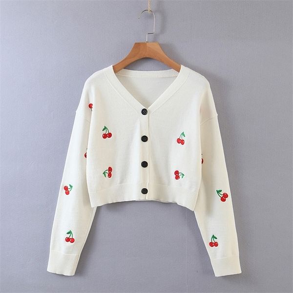 

sweet cute kawaii pink cherry embroidery women autumn knitted cardigan chic v-neck single-breasted sweaters 201203, White;black