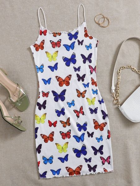 

lettuce edge allover butterfly bodycon dress v4ca#, Black;gray