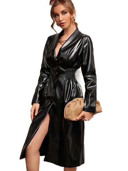 

shawl collar shirred pu leather coat y3n8#, Black