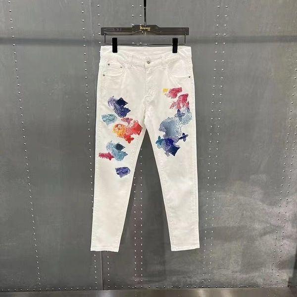 

high version tide brand letter men's jeans summer new color geometric pattern graffiti printing casual leggings slim couple sports trou, Blue