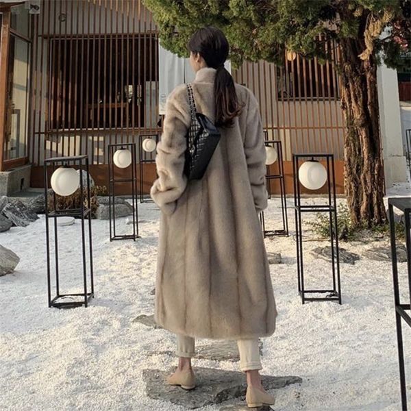 

galcaur oversized faux fur coat for women stand collar long sleeve pockets loose high street full pelt coats female clothes lj201204, Black