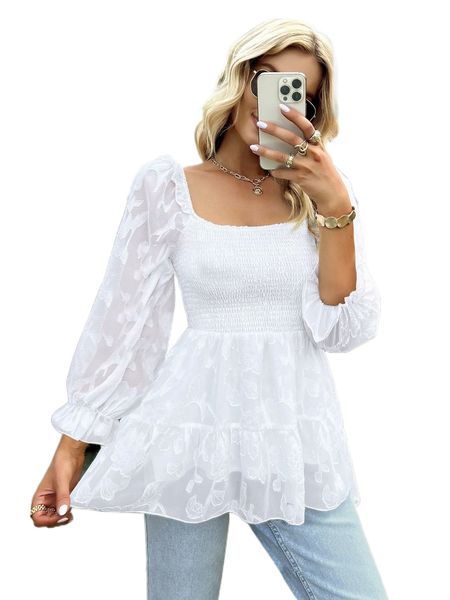 

jacquard shirred flounce sleeve peplum blouse f5py#, White
