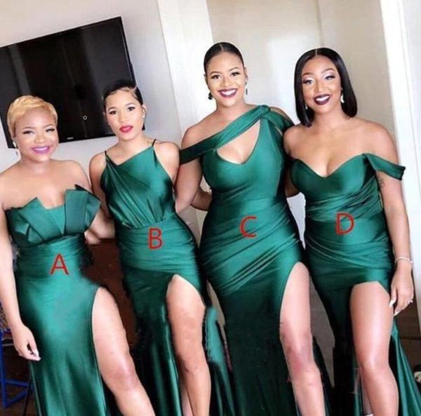 Ein Stück African Green Split Brautjungfernkleider Lange 2022 Satin Geraffte Trauzeugin Kleid Meerjungfrau Hochzeitsgast Plus Size Kleider