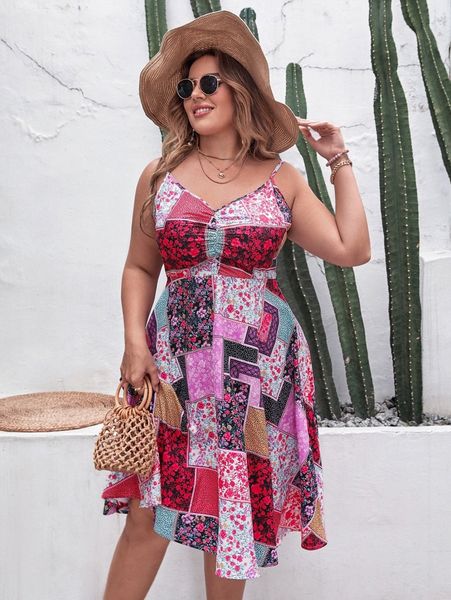 

plus ditsy floral patchwork cami dress w8am#, Black