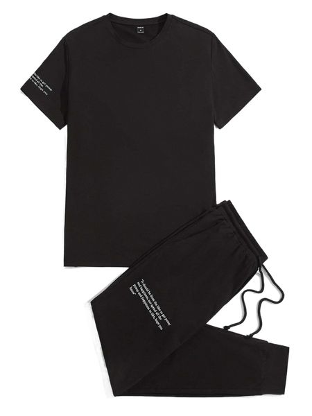 

men slogan graphic tee & drawstring waist sweatpants t0w4#, Gray