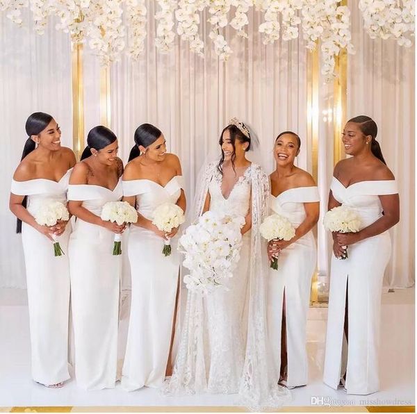 

2022 country white off the shoulder satin long bridesmaid dresses ruched split sweep train wedding guest maid of honor dresses plus size bm1, White;pink