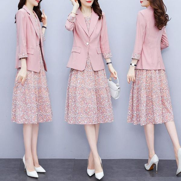 Рабочие платья Женский розовый цветочный деловой офисный комплект одежды 2022 Осенний топ + платье 2 из двух частей Свободные тонкие повседневные женские комплекты одежды